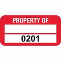 Lustre-Cal VOID Label PROPERTY OF Dark Red 1.50in x 0.75in  1 Blank Pad & Serialized 0201-0300, 100PK 253774Vo2Rd0201